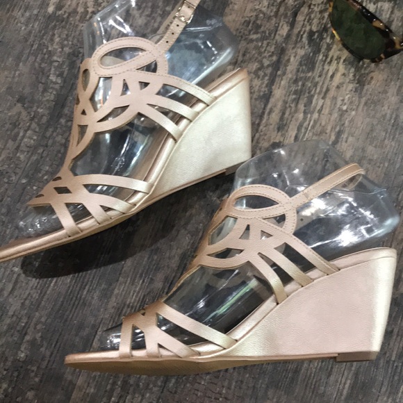 Studio Isola Metallic Champagne Wedge Sandals - Picture 5 of 11